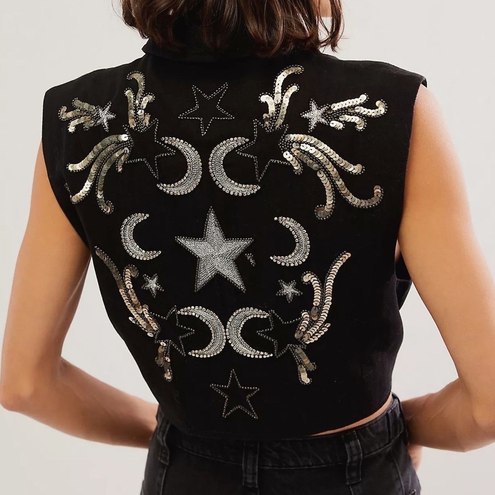 Free People Billy Vest Celestial Sequin Star Moon Cropped Waistcoat Black Large